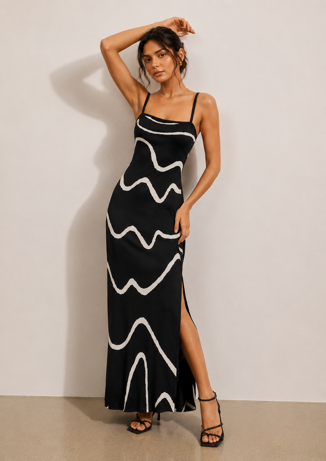 Myra | Black & Cream Wavy Print Open Back Maxi Dress