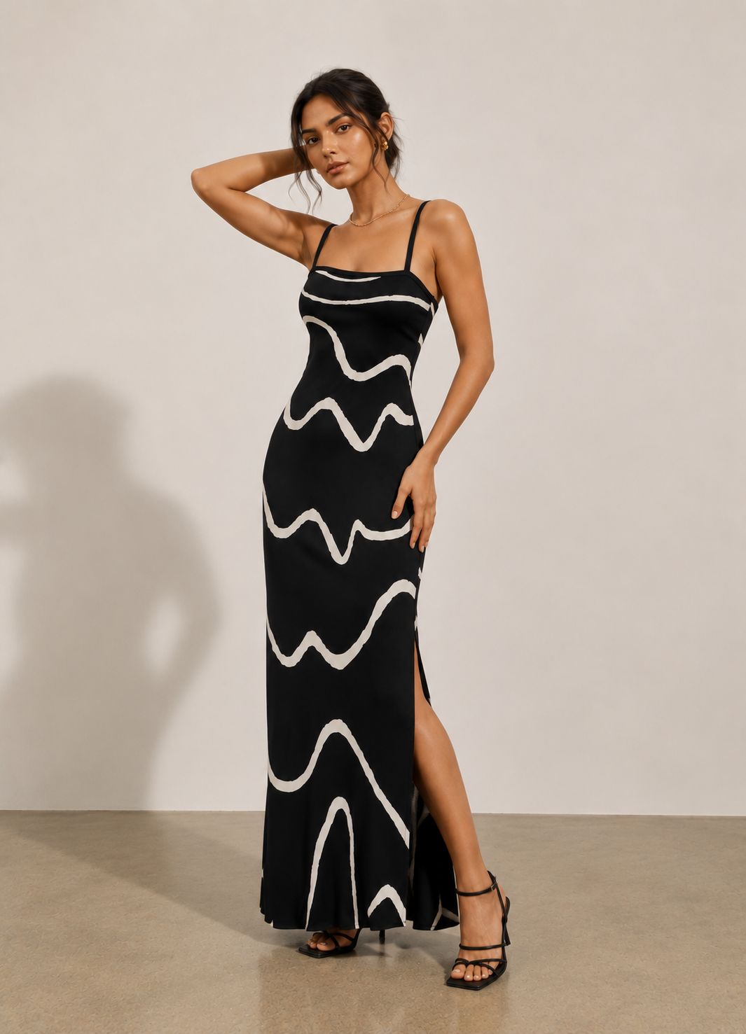Myra | Black & Cream Wavy Print Open Back Maxi Dress