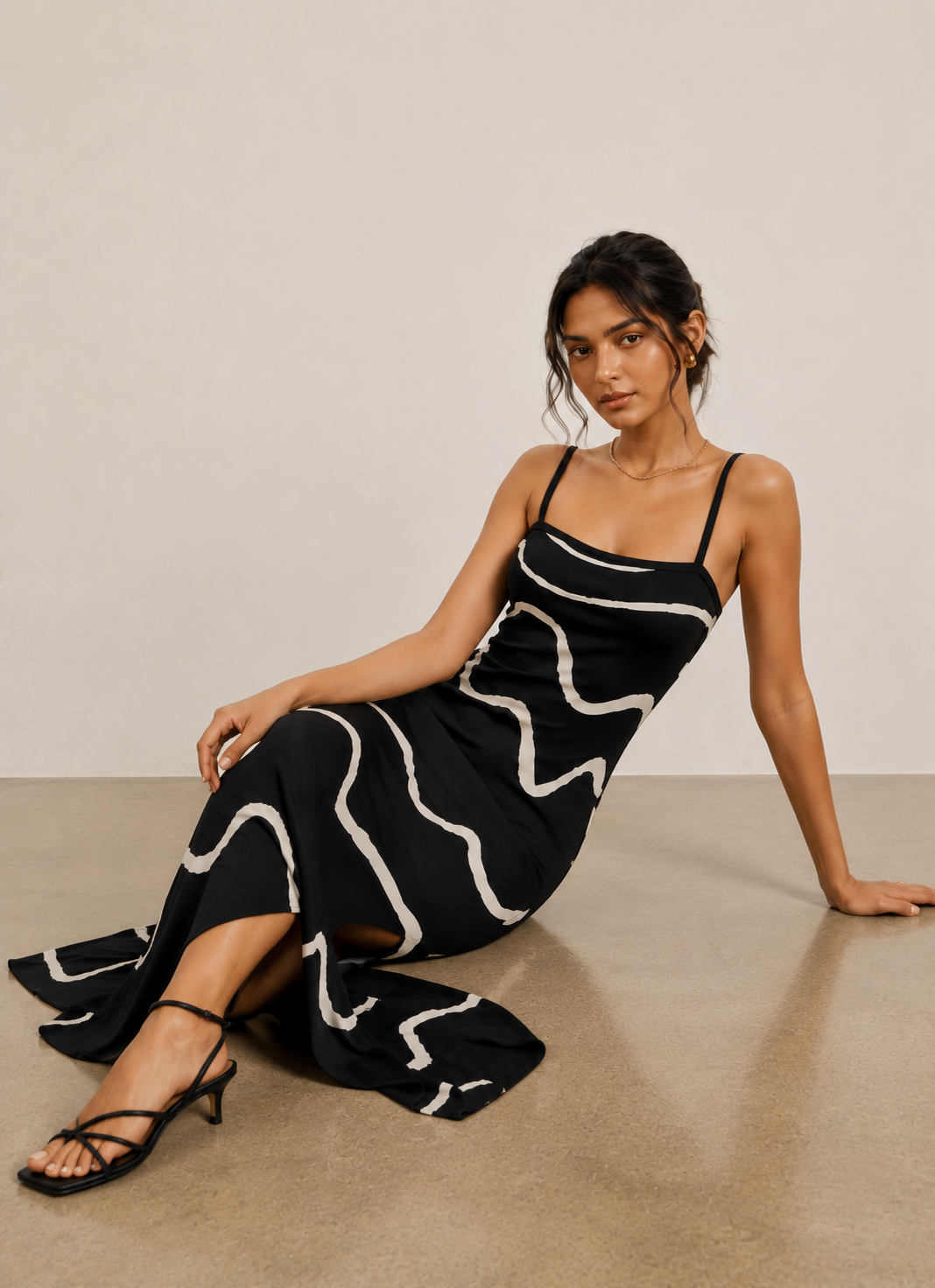 Myra | Black & Cream Wavy Print Open Back Maxi Dress