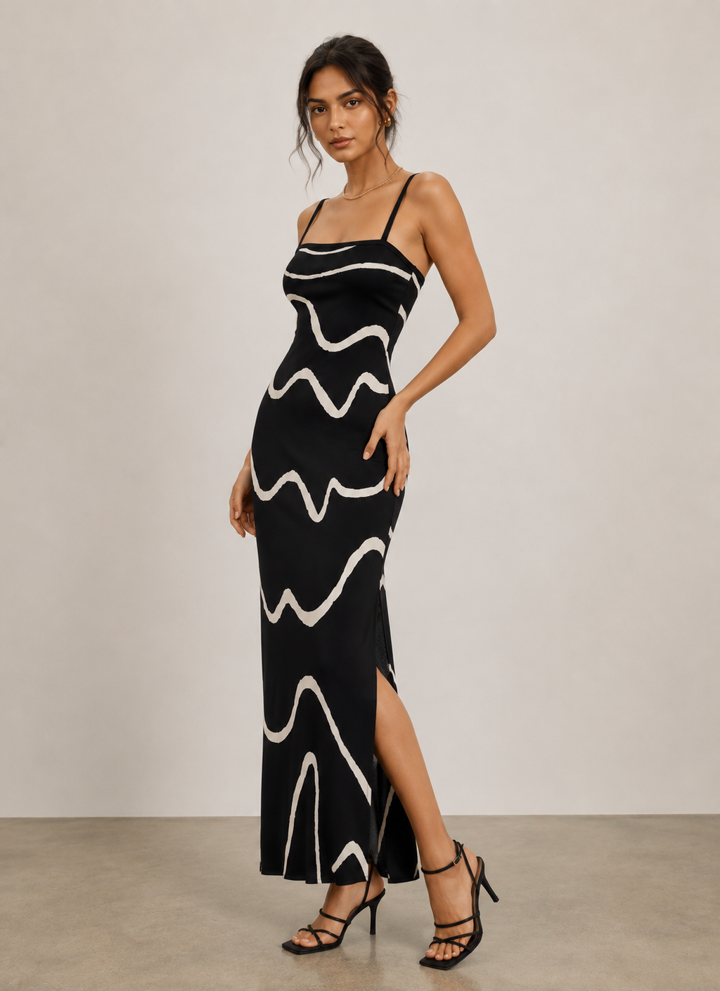 Myra | Black & Cream Wavy Print Open Back Maxi Dress