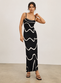 Myra | Black & Cream Wavy Print Open Back Maxi Dress