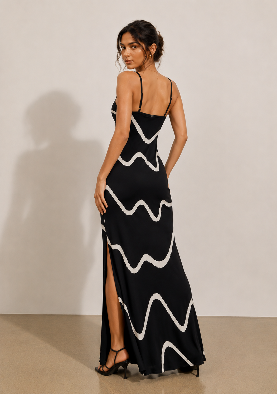 Myra | Black & Cream Wavy Print Open Back Maxi Dress