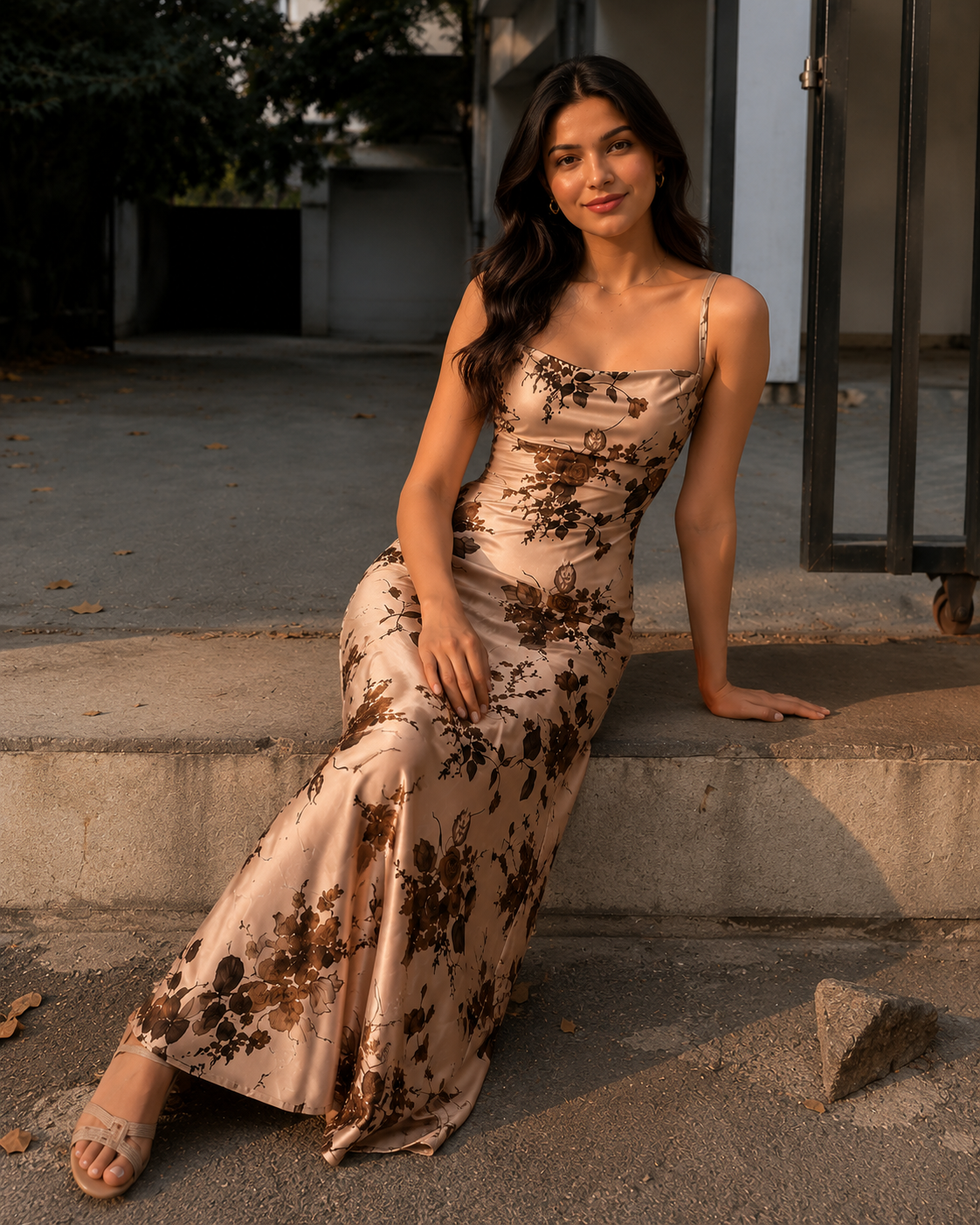 Naina | Champagne Satin Floral Cowl Neck Midi Dress