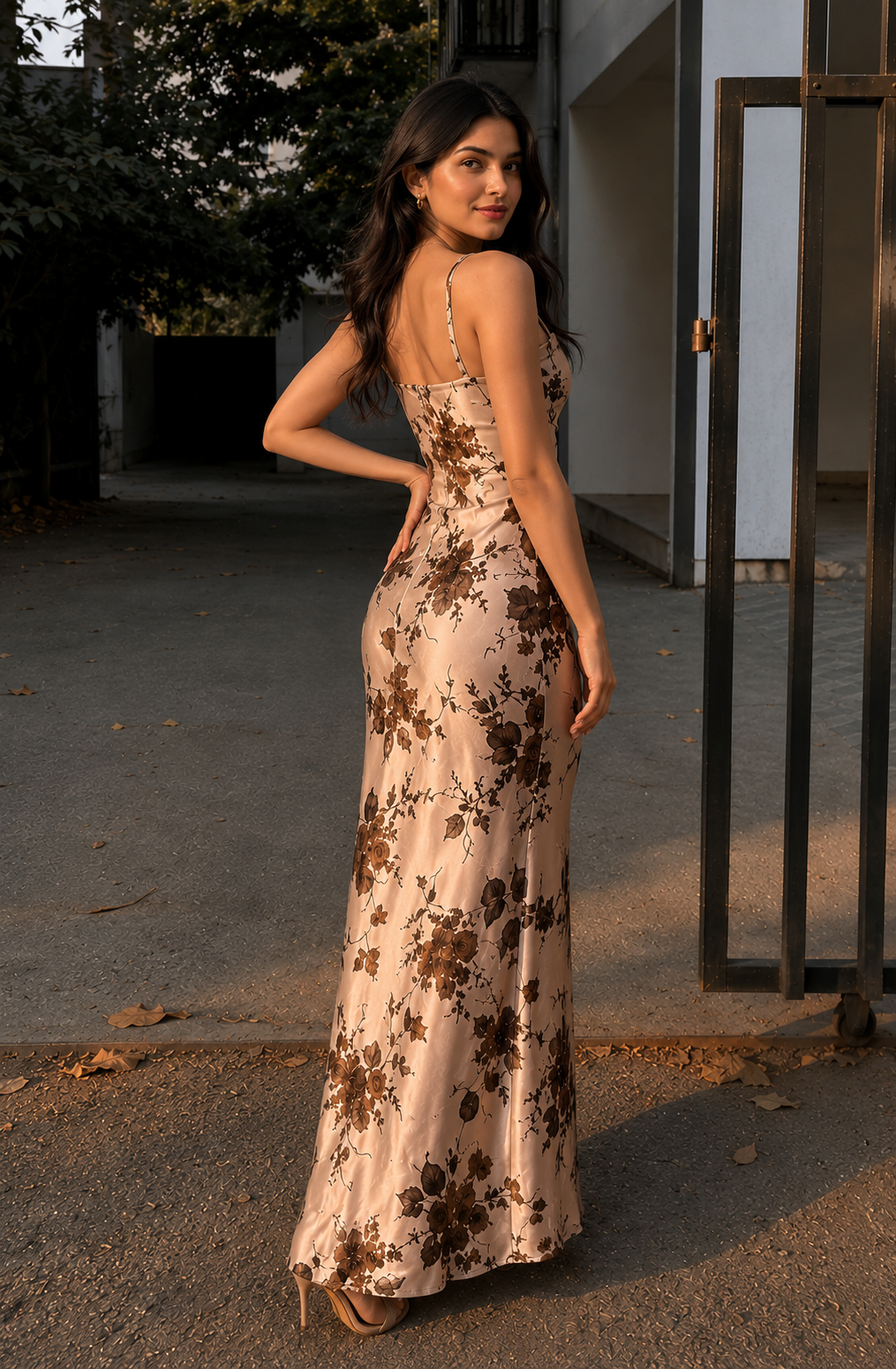 Naina | Champagne Satin Floral Cowl Neck Midi Dress