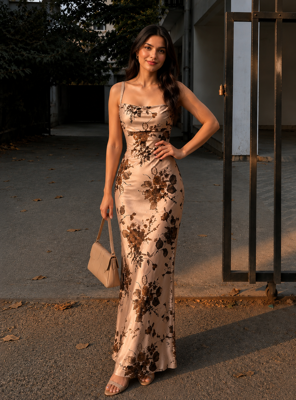 Naina | Champagne Satin Floral Cowl Neck Midi Dress