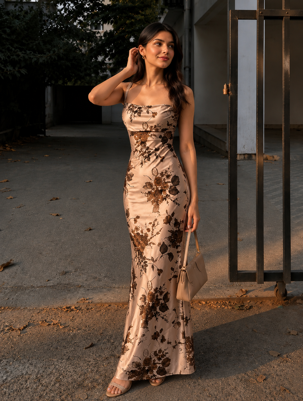 Naina | Champagne Satin Floral Cowl Neck Midi Dress