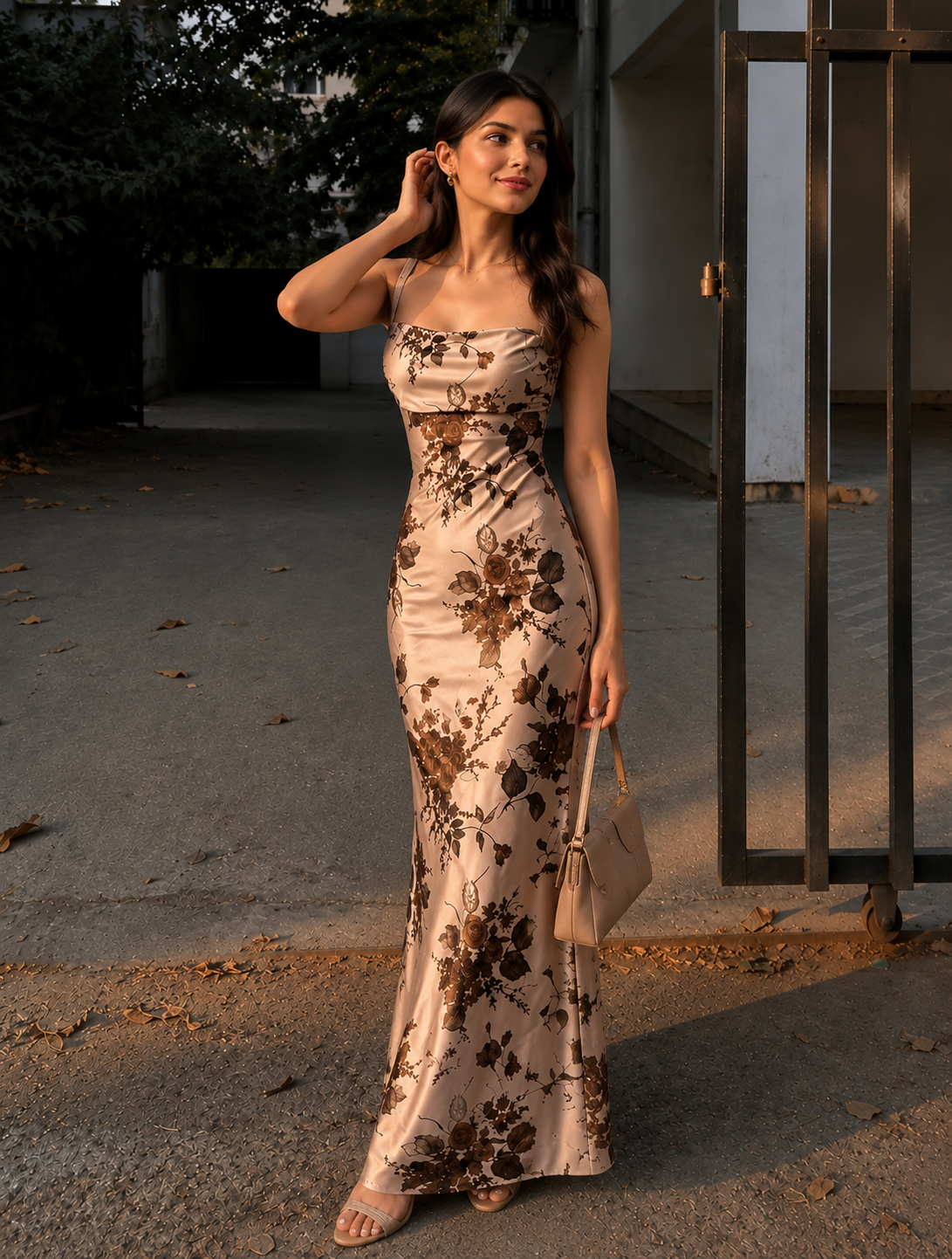 Naina | Champagne Satin Floral Cowl Neck Midi Dress