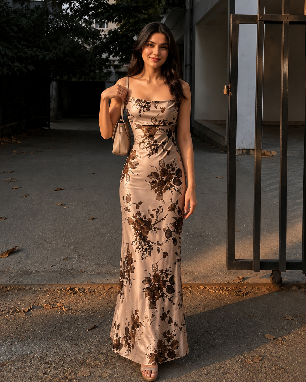 Naina | Champagne Satin Floral Cowl Neck Midi Dress