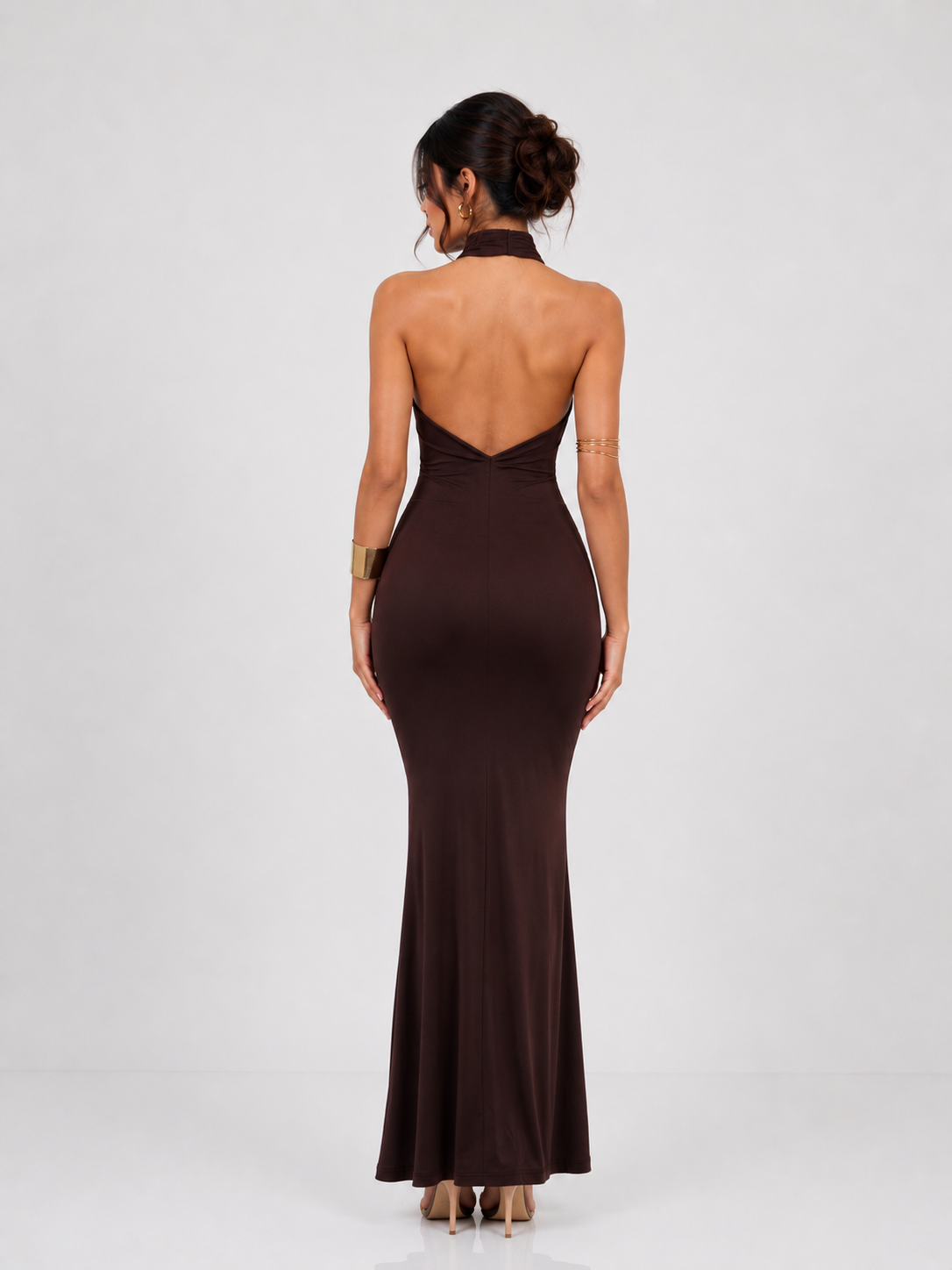 Tanvi | Brown Halter Scarf-Neck Ruched Mermaid Gown