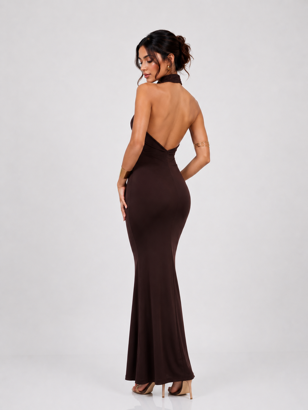 Tanvi | Brown Halter Scarf-Neck Ruched Mermaid Gown