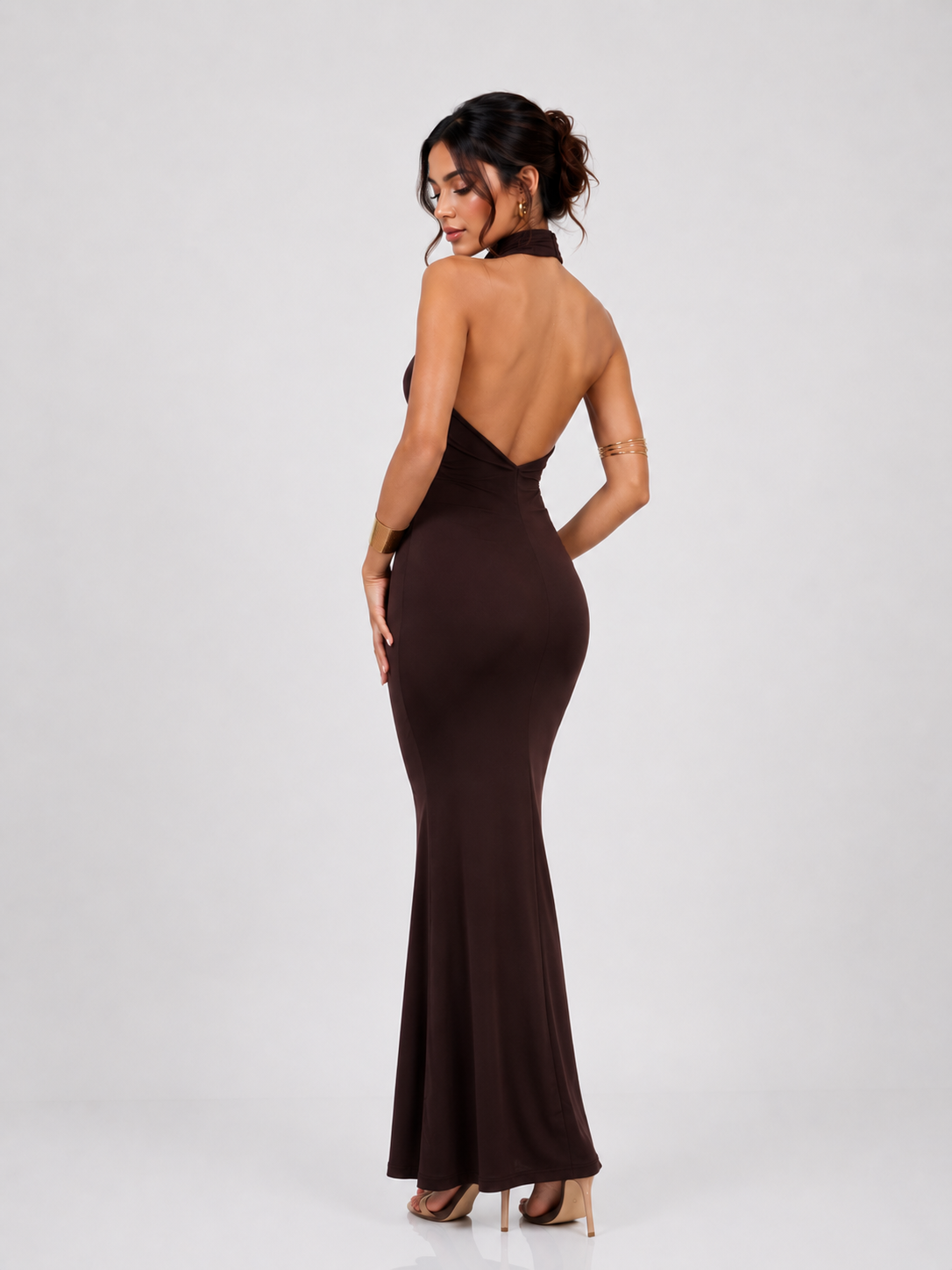 Tanvi | Brown Halter Scarf-Neck Ruched Mermaid Gown