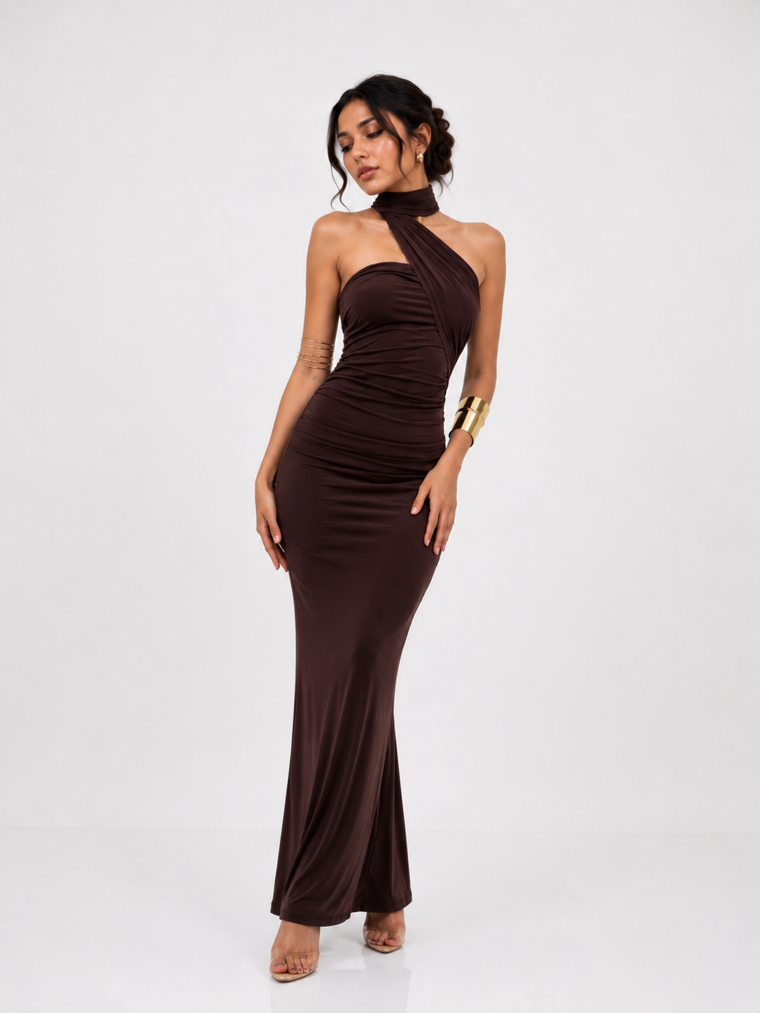 Tanvi | Brown Halter Scarf-Neck Ruched Mermaid Gown