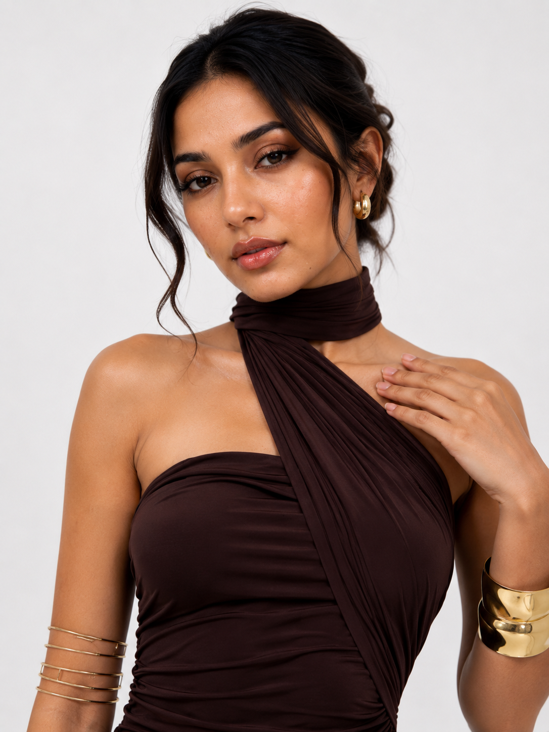Tanvi | Brown Halter Scarf-Neck Ruched Mermaid Gown