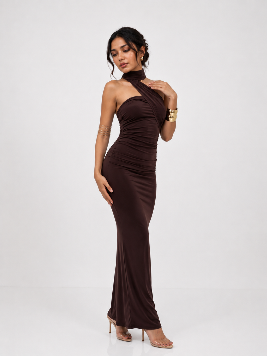 Tanvi | Brown Halter Scarf-Neck Ruched Mermaid Gown