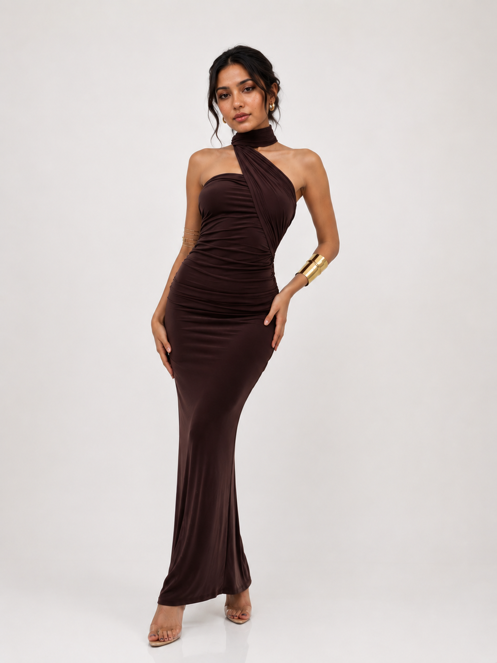 Tanvi | Brown Halter Scarf-Neck Ruched Mermaid Gown