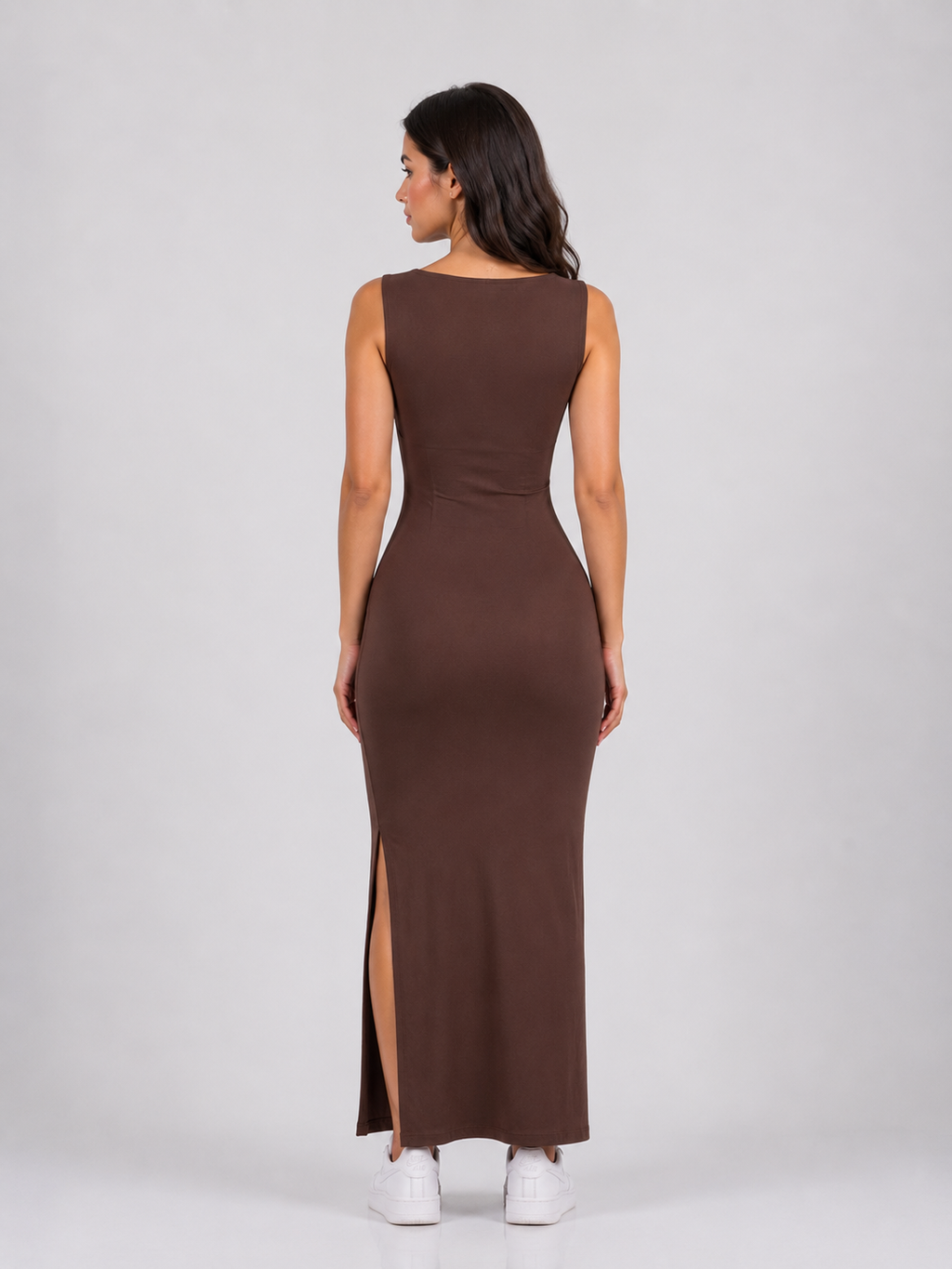 Diya | Brown Square Neck Ruched Bodycon Maxi Dress