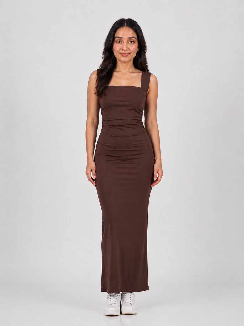 Diya | Brown Square Neck Ruched Bodycon Maxi Dress