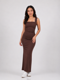 Diya | Brown Square Neck Ruched Bodycon Maxi Dress
