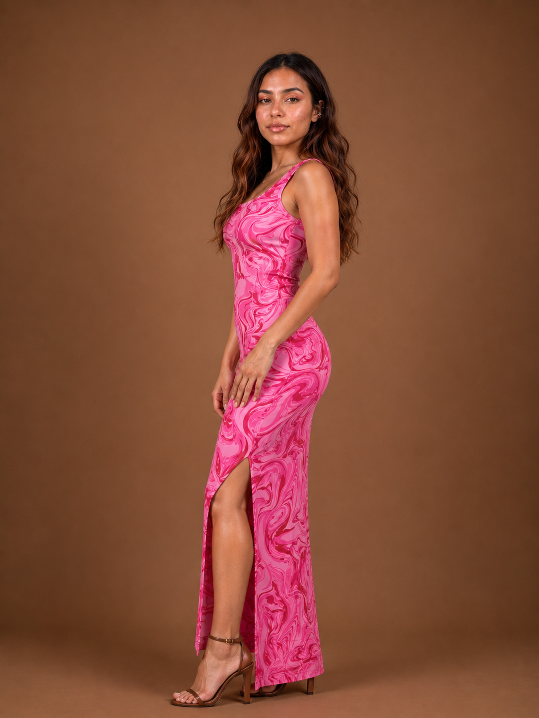 Pari | Pink Marble Print Square Neck Maxi Dress