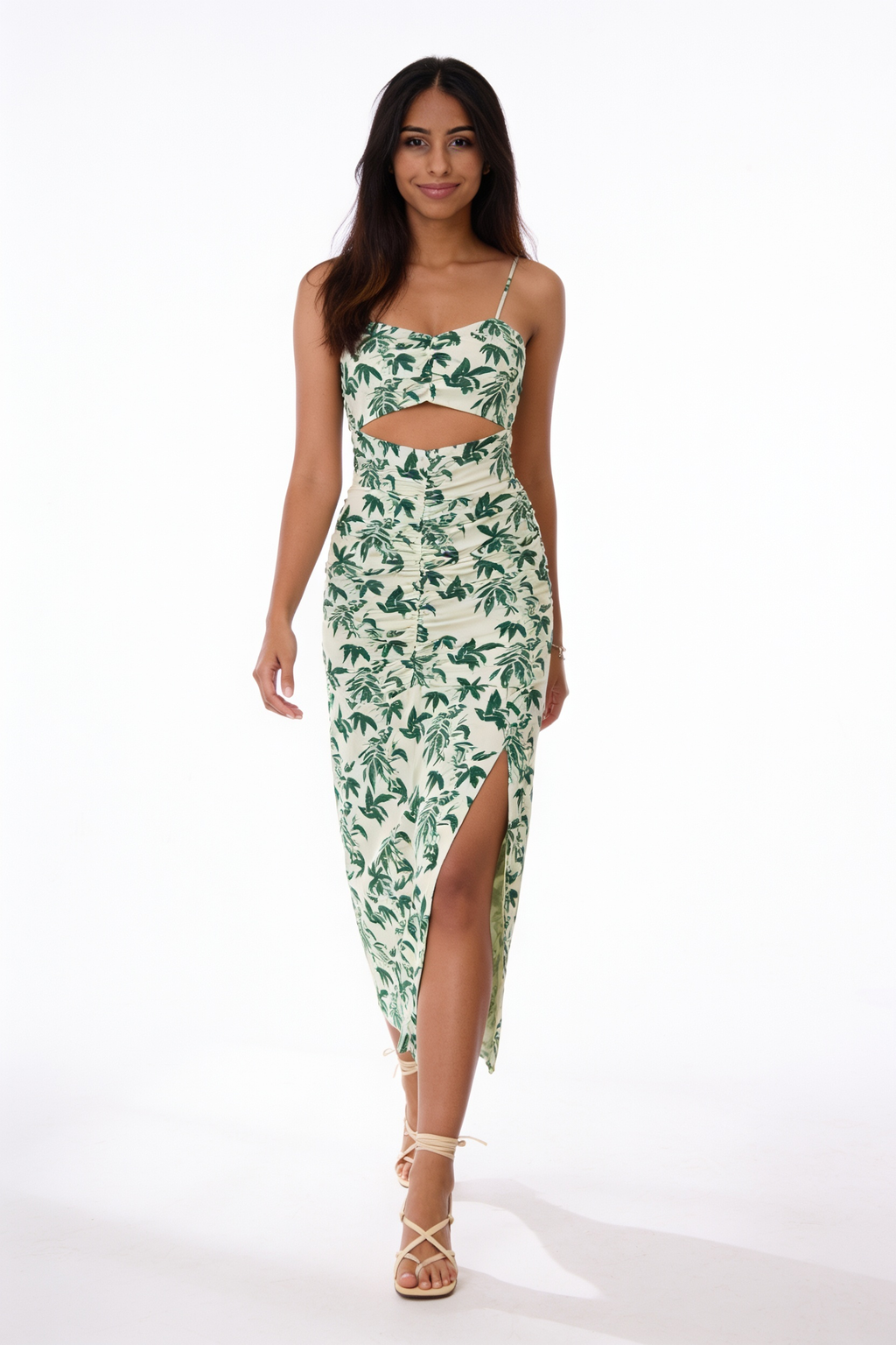 Anvi | Green Leaf Print Cutout Ruched Maxi Dress